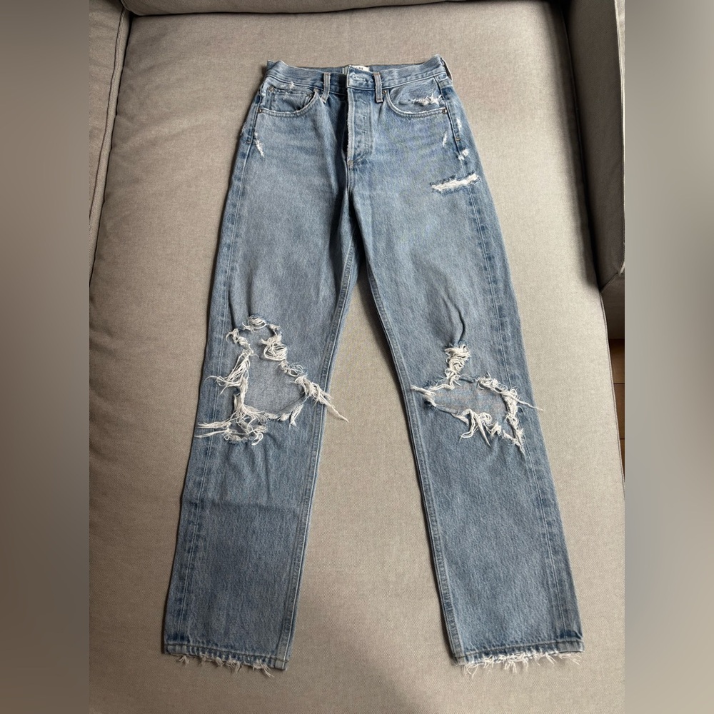 Agolde Light Blue Distressed Straight Leg Jeans
